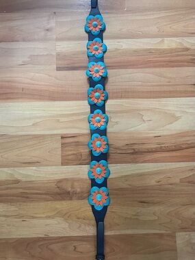 Blue and Orange Floral Leather Belt - crossbody scrap Women Accessories